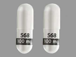 Esto es un Cápsula imprimido con 568  100 mg en la parte delantera, nada en la parte posterior, y es fabricado por None.