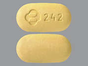 Isentress Hd: Esto es un Tableta amarillo oval imprimido con logo and 242 en la parte delantera, nada en la parte posterior, y es fabricado por MERCK SHARP & D.