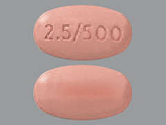 This is a pink oval Tablet imprinted with 2.5/500 on the front, nothing on the back, and is manufactured by MERCK SHARP & D.