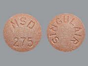 Singulair: Esto es un Tableta Masticable rosado redondo imprimido con MSD  275 en la parte delantera, SINGULAIR en la parte posterior, y es fabricado por ORGANON LLC.