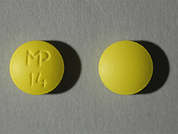 Thioridazine Hcl: Esto es un Tableta amarillo redondo imprimido con MP  14 en la parte delantera, nada en la parte posterior, y es fabricado por MUTUAL PHARM CO.