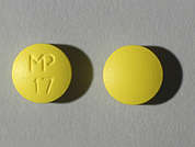 Thioridazine Hcl: Esto es un Tableta amarillo redondo imprimido con MP  17 en la parte delantera, nada en la parte posterior, y es fabricado por MUTUAL PHARM CO.