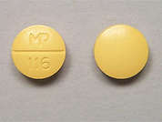 Sulindac: Esto es un Tableta amarillo redondo imprimido con MP  116 en la parte delantera, nada en la parte posterior, y es fabricado por MUTUAL PHARM CO.