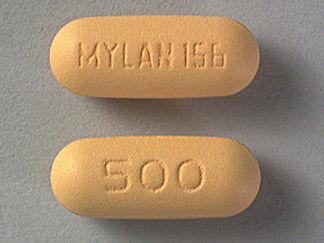 Esto es un Tableta imprimido con MYLAN 156 en la parte delantera, 500 en la parte posterior, y es fabricado por None.