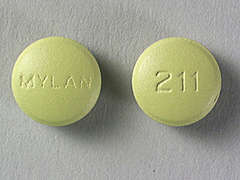 This is a green round Tablet imprinted with MYLAN on the front, 211 on the back, and is manufactured by MYLAN.