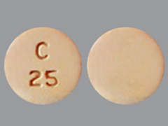 This is a peach round Tablet Disintegrating imprinted with C  25 on the front, nothing on the back, and is manufactured by MYLAN.