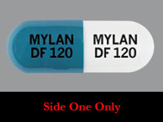 Esto es un Cápsula Dr imprimido con MYLAN  DF 120 en la parte delantera, MYLAN  DF 120 en la parte posterior, y es fabricado por None.