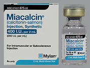 Miacalcin: Esto es un Vial imprimido con nada en la parte delantera, nada en la parte posterior, y es fabricado por None.