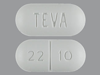 Esto es un Tableta imprimido con TEVA en la parte delantera, 22 10 en la parte posterior, y es fabricado por None.
