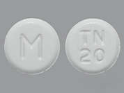 Telmisartan: This is a white round Tablet imprinted with M on the front, TN  20 on the back, and is manufactured by MYLAN.