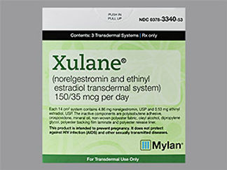 Esto es un Parche Transdérmico Semanal imprimido con Xulane 150/35 mcg per day en la parte delantera, nada en la parte posterior, y es fabricado por None.