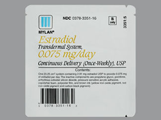 Esto es un Parche Transdérmico Semanal imprimido con Estradiol 0.075mg/day (Once Weekly) en la parte delantera, nada en la parte posterior, y es fabricado por None.