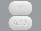 Armodafinil: Esto es un Tableta blanco oblongo imprimido con M en la parte delantera, A33 en la parte posterior, y es fabricado por MYLAN.