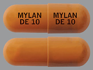 This is a Capsule Er Biphasic 50-50 imprinted with MYLAN  DE 10 on the front, MYLAN  DE 10 on the back.