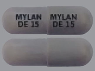 This is a Capsule Er Biphasic 50-50 imprinted with MYLAN  DE 15 on the front, MYLAN  DE 15 on the back.