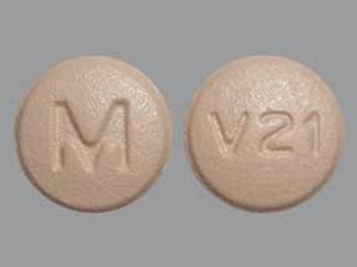 This is a Tablet imprinted with M on the front, V21 on the back.