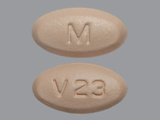 This is a Tablet imprinted with M on the front, V23 on the back.