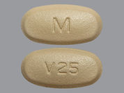 Valsartan-Hydrochlorothiazide: This is a Tablet imprinted with M on the front, V25 on the back.