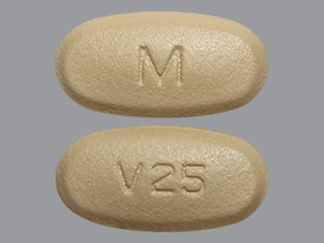 This is a Tablet imprinted with M on the front, V25 on the back.