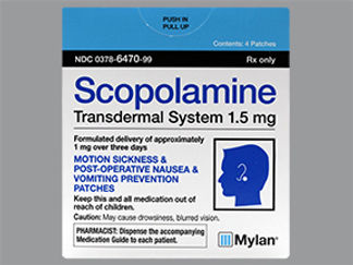 Esto es un Parche Transdérmico 3 Días imprimido con Scopolamine 1 mg / 3 days en la parte delantera, nada en la parte posterior, y es fabricado por None.