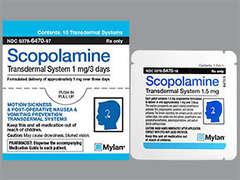 This is a peach round Patch Transdermal 3 Day imprinted with Scopolamine 1 mg / 3 days on the front, nothing on the back, and is manufactured by MYLAN.