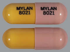 This is a pink oblong Capsule imprinted with MYLAN  8021 on the front, MYLAN  8021 on the back, and is manufactured by MYLAN.