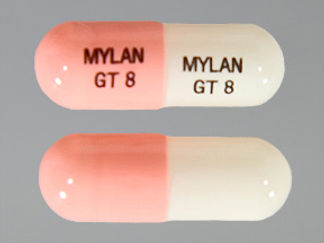This is a Capsule Er Pellets 24 Hr imprinted with MYLAN  GT 8 on the front, MYLAN  GT 8 on the back.