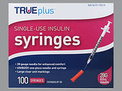 Trueplus Insulin Syringe: This is a Syringe Empty Disposable imprinted with nothing on the front, nothing on the back.