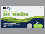 Trueplus Pen Needle: This is a Needle Disposable imprinted with nothing on the front, nothing on the back.