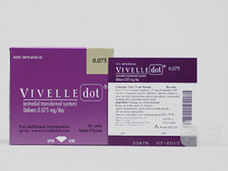 Esto es un Parche Transdérmico Semisemanal imprimido con Vivelle-Dot  0.075 mg/day en la parte delantera, nada en la parte posterior, y es fabricado por None.