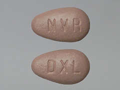 This is a dark grayish violet almond Tablet imprinted with DXL on the front, NVR on the back, and is manufactured by NOVARTIS.