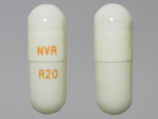 This is a Capsule Er Biphasic 50-50 imprinted with NVR on the front, R20 on the back.