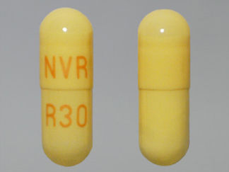 This is a Capsule Er Biphasic 50-50 imprinted with NVR on the front, R30 on the back.