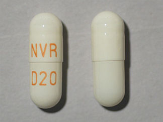 This is a Capsule Er Biphasic 50-50 imprinted with NVR on the front, D20 on the back.