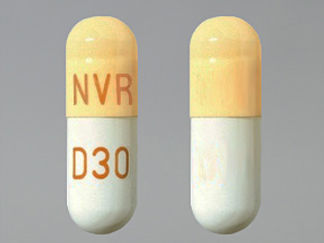 This is a Capsule Er Biphasic 50-50 imprinted with NVR on the front, D30 on the back.