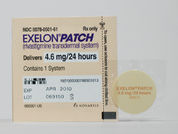 Exelon: Esto es un Parche Transdérmico 24 Horas imprimido con EXELON PATCH  4.6mg/24 hours  AMCX en la parte delantera, nada en la parte posterior, y es fabricado por None.