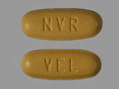 This is a yellow oval Tablet imprinted with NVR on the front, VEL on the back, and is manufactured by NOVARTIS.