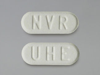 This is a Tablet imprinted with UHE on the front, NVR on the back.