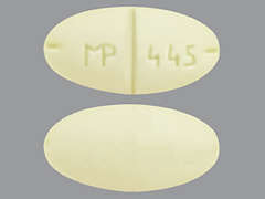 This is a yellow oval Tablet imprinted with MP 445 on the front, nothing on the back, and is manufactured by SUN PHARMACEUTI.