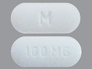 This is a Tablet imprinted with M on the front, 100 MG on the back.