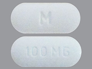 Esto es un Tableta imprimido con M en la parte delantera, 100 MG en la parte posterior, y es fabricado por None.