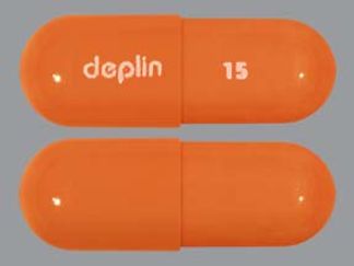 This is a Capsule imprinted with deplin on the front, 15 on the back.