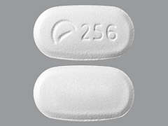 Esto es un Tableta blanco oblongo imprimido con logo and 256 en la parte delantera, nada en la parte posterior, y es fabricado por PAR HEALTH USA,.