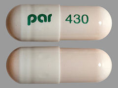 This is a white oblong Capsule Er Biphasic 50-50 imprinted with par on the front, 430 on the back, and is manufactured by PAR PHARM..