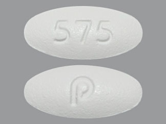 This is a Tablet imprinted with p on the front, 575 on the back.
