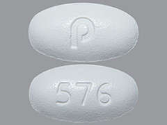 This is a white oval Tablet imprinted with p on the front, 576 on the back, and is manufactured by AVET PHARMACEUT.
