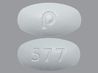 This is a Tablet imprinted with p on the front, 577 on the back.