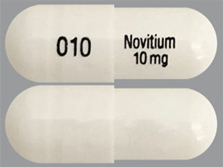 This is a Capsule imprinted with 010 on the front, Novitium  10 mg on the back.