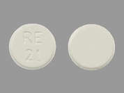 Atenolol: Esto es un Tableta blanco redondo imprimido con RE  21 en la parte delantera, nada en la parte posterior, y es fabricado por RANBAXY/SUN PHA.