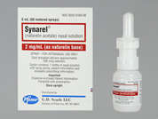 Synarel: This is a clear Aerosol Spray imprinted with nothing on the front, nothing on the back, and is manufactured by PHARMACIA-UPJHN.
